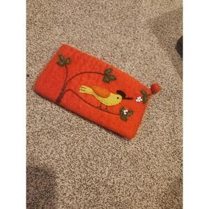 BNB Orange Boiled Wool Bird Pouch Embroidered Felted Zipper Clutch Bag Nepal